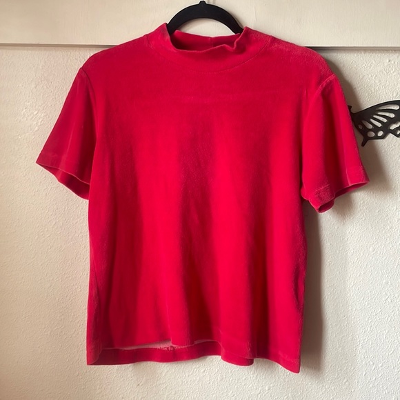 Vintage No Boundaries red velour mock neck short sleeve blouse - Picture 1 of 5